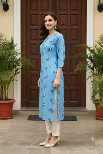 Blue printed cotton kurti