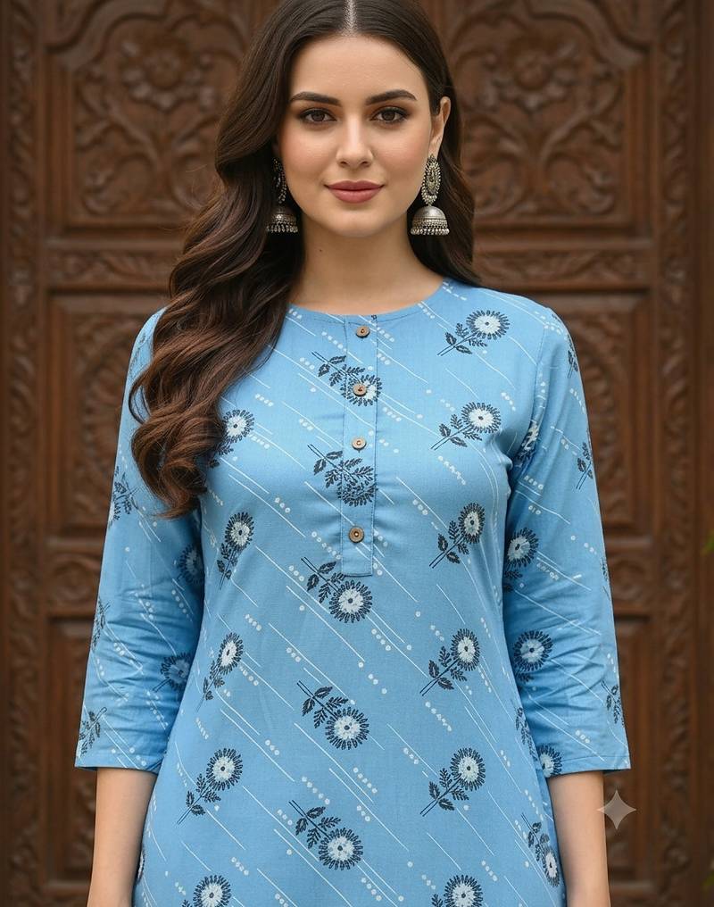 Blue printed cotton kurti
