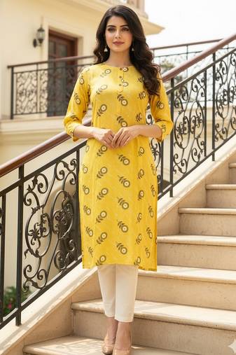 Yellow printed cotton kurti