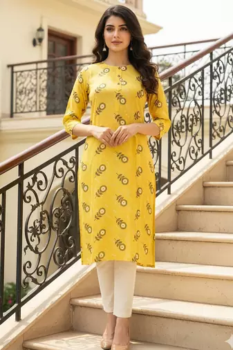 Yellow printed cotton kurti