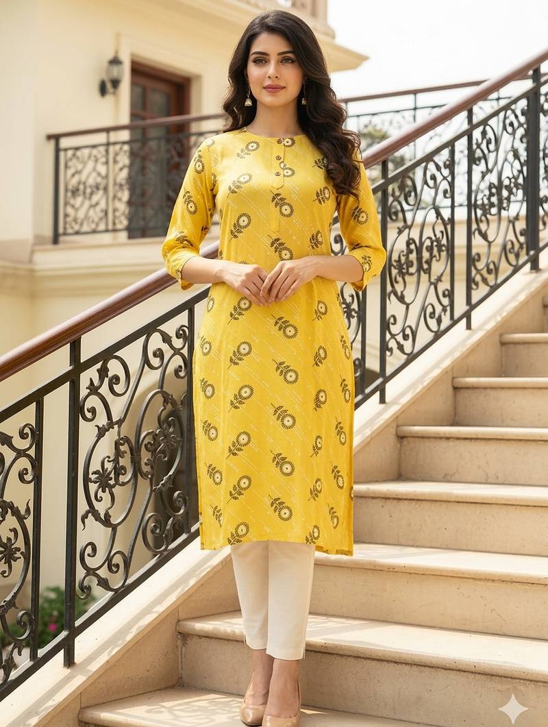 Yellow printed cotton kurti