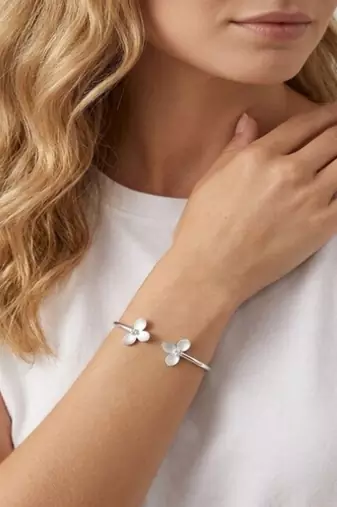 925 Sterling Silver Floral Open Cuff Bracelet for Women | Flower Design Silver Bangle Jewelry