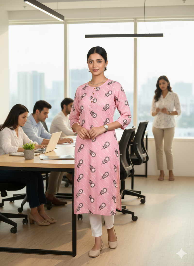 Pink printed cotton kurti