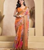 Orange printed linen pre draped  saree with blouse