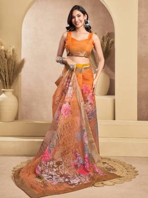 Orange printed linen pre draped  saree with blouse 3