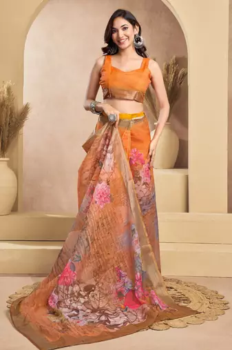 Orange printed linen pre draped  saree with blouse