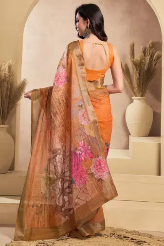 Orange printed linen pre draped  saree with blouse
