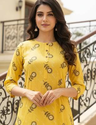 Saka Designs Yellow Printed Cotton Kurti 4