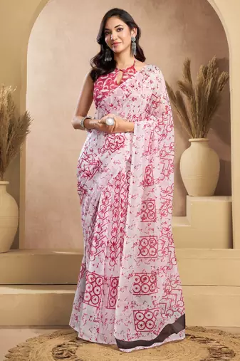 White, pink printed linen pre draped  saree with blouse