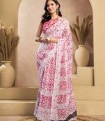 White, pink printed linen pre draped  saree with blouse