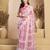 White, pink printed linen pre draped  saree with blouse