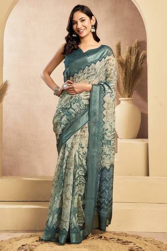 Beige printed linen pre draped  saree with blouse