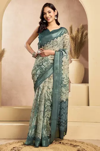 Beige printed linen pre draped  saree with blouse
