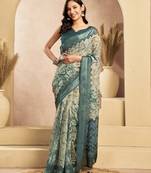 Beige printed linen pre draped  saree with blouse