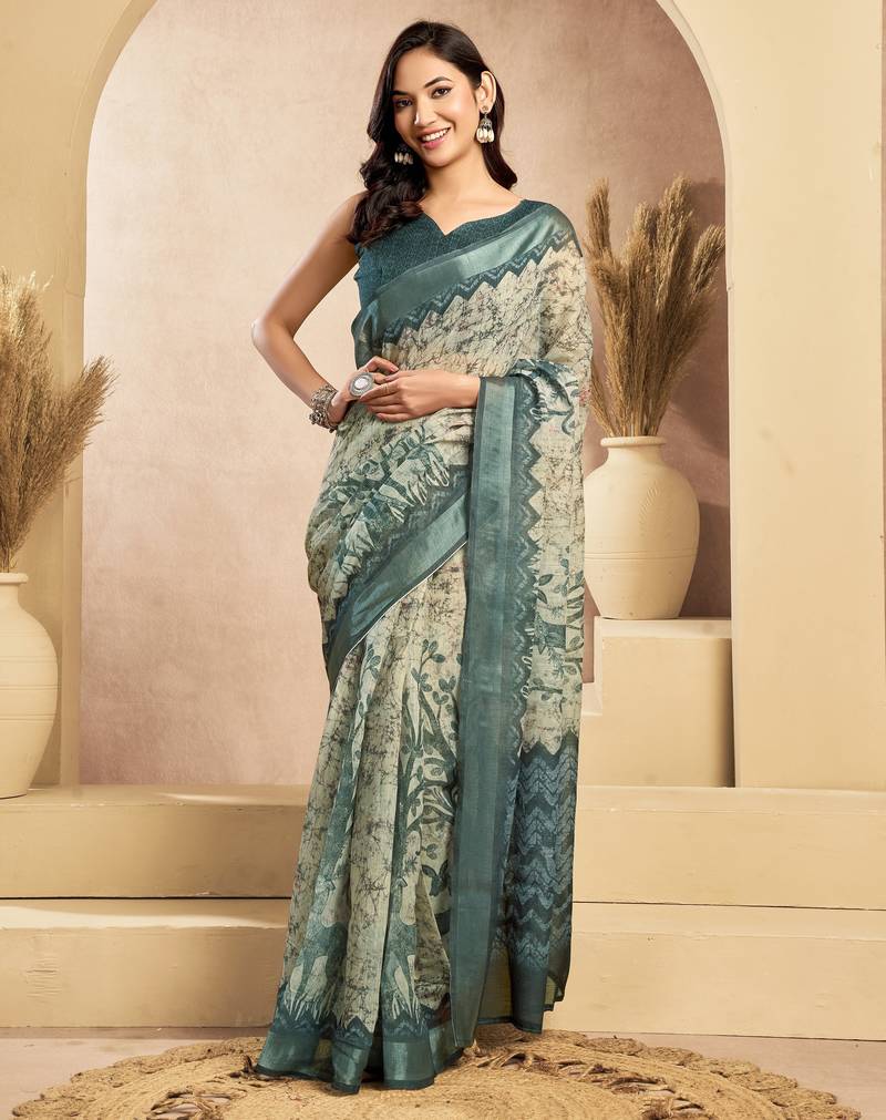 Beige printed linen pre draped  saree with blouse