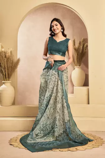 Beige printed linen pre draped  saree with blouse