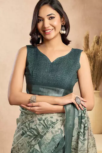 Beige printed linen pre draped  saree with blouse