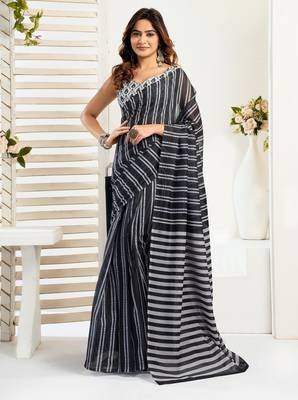 Black printed linen pre draped  saree with blouse 1