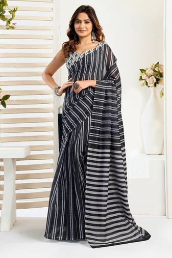 Black printed linen pre draped  saree with blouse