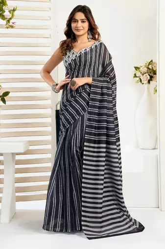 Black printed linen pre draped  saree with blouse