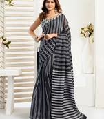Black printed linen pre draped  saree with blouse