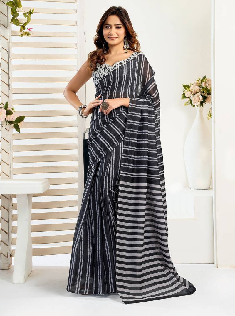 Black printed linen pre draped  saree with blouse