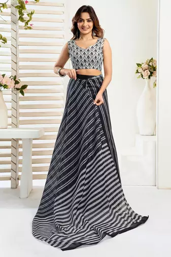 Black printed linen pre draped  saree with blouse