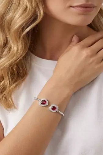 925 Sterling Silver Heart & Princess Cut CZ Bracelet for Women | Red Cubic Zirconia Tennis Bracelet Jewelry