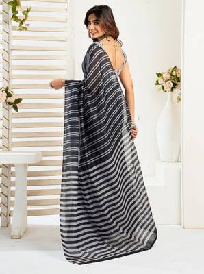 Black printed linen pre draped  saree with blouse 4