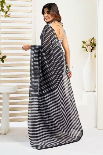 Black printed linen pre draped  saree with blouse