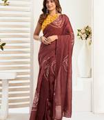 Brown printed linen pre draped  saree with blouse