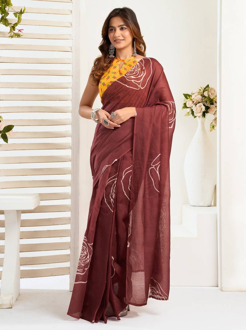 Brown printed linen pre draped  saree with blouse