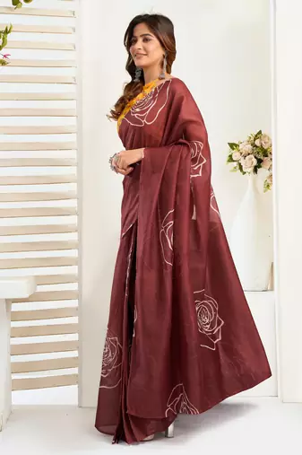 Brown printed linen pre draped  saree with blouse