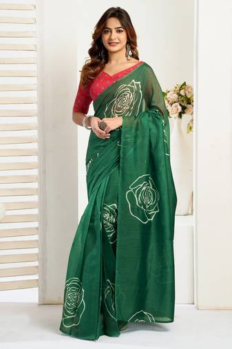 Dark green printed linen pre draped  saree with blouse