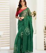 Dark green printed linen pre draped  saree with blouse