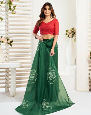 Dark green printed linen pre draped  saree with blouse 3