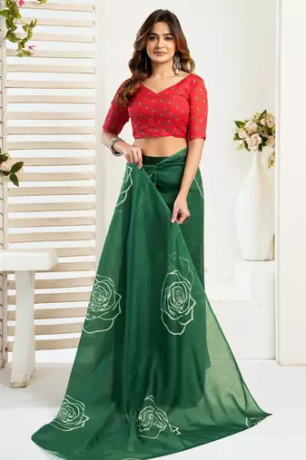 Dark green printed linen pre draped  saree with blouse