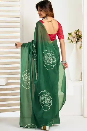 Dark green printed linen pre draped  saree with blouse