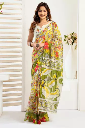 Green, yellow printed linen pre draped  saree with blouse