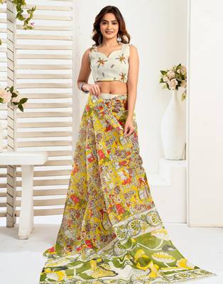 Green, yellow printed linen pre draped  saree with blouse 3