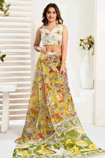 Green, yellow printed linen pre draped  saree with blouse