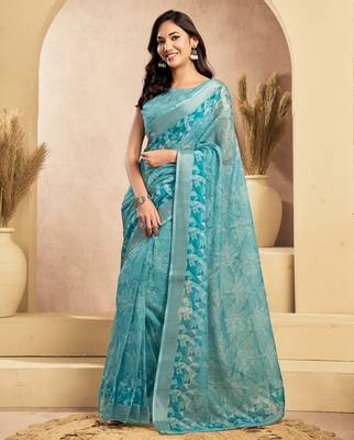 Light blue printed linen pre draped  saree with blouse 1
