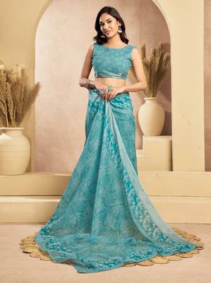 Light blue printed linen pre draped  saree with blouse 3