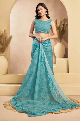 Light blue printed linen pre draped  saree with blouse