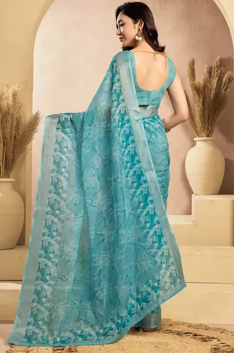 Light blue printed linen pre draped  saree with blouse