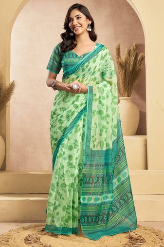 Light green printed linen pre draped  saree with blouse