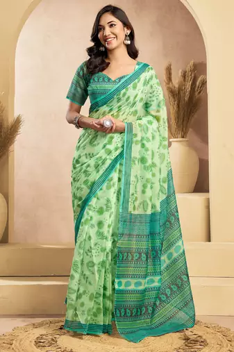 Light green printed linen pre draped  saree with blouse