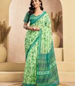 Light green printed linen pre draped  saree with blouse