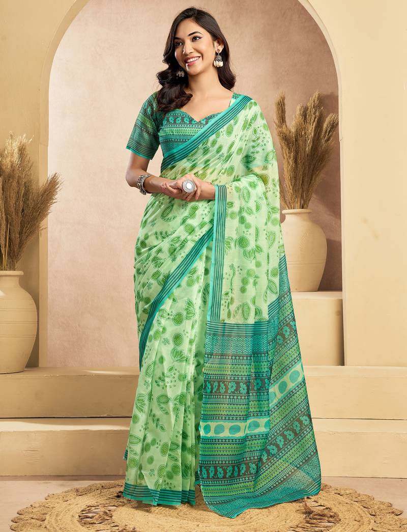 Light green printed linen pre draped  saree with blouse