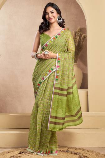 Lime green printed linen pre draped  saree with blouse